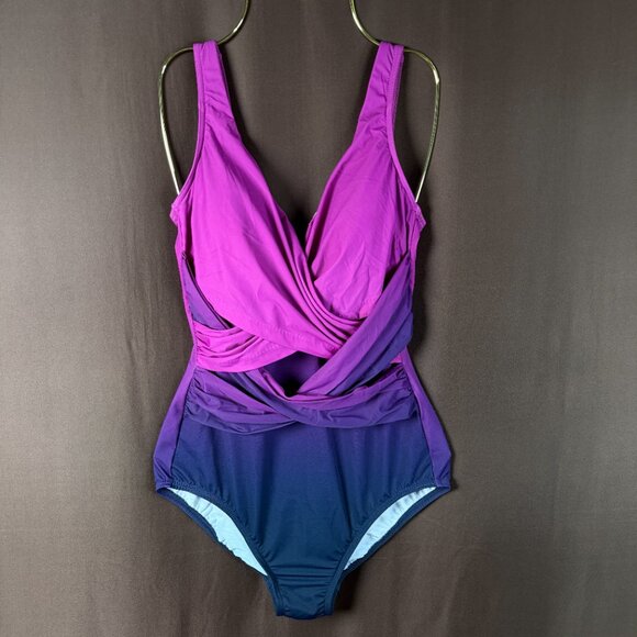 Lands' End Women's 8 LONG SlenderSuit Tummy Control V-neck Wrap One Piece Swimsu - Picture 4 of 12